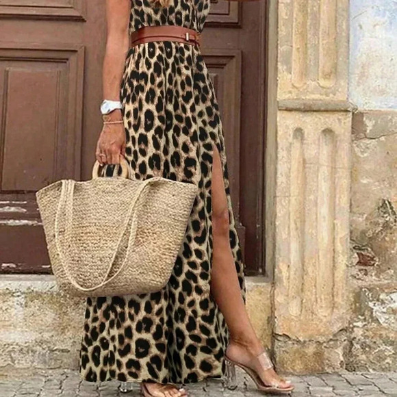 Chocolate Brown Casual Women's Leopard Print Deep V BatwingSleeve Dress - Picture 2 of 5